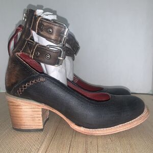 FREEBIRD CANDELLA Blue/Brown Handcrafted Leather Ankle Strap Heels Womens 8 Boho